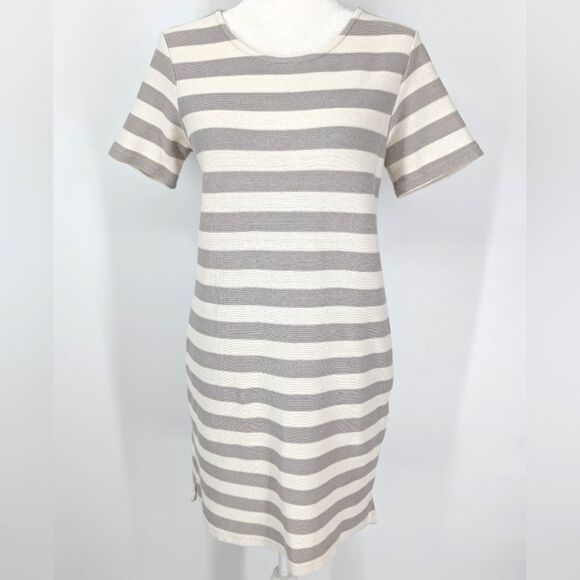 Wishlist Gray Cream Off-White Striped Short Sleeve Sheath Mini Dress Medium - Picture 1 of 6